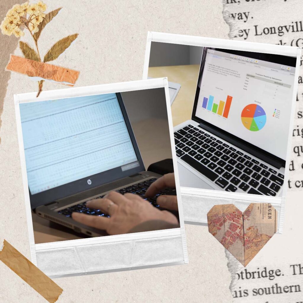 Two photos showing laptops with Spreadsheets one chaotic one calm and organised