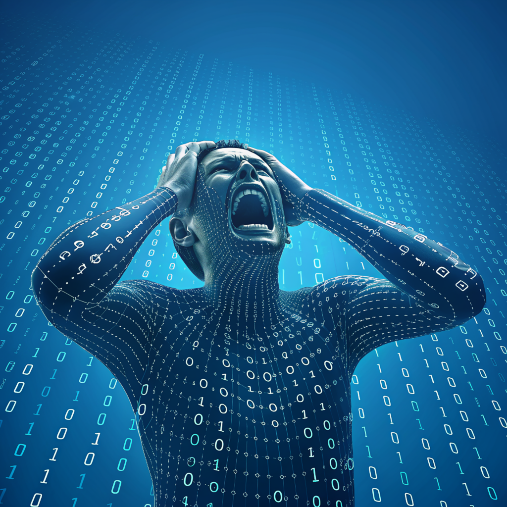 AI enhanced man with hands to head showing panic and overwhelm. This image is them all covered in data almost raining down from the blue sky